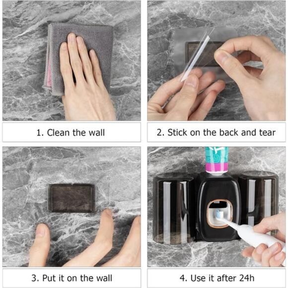 Wall Mounted Toothbrush Holder with Cover Self Adhesive Bathroom Organizer Cups - Picture 4 of 7